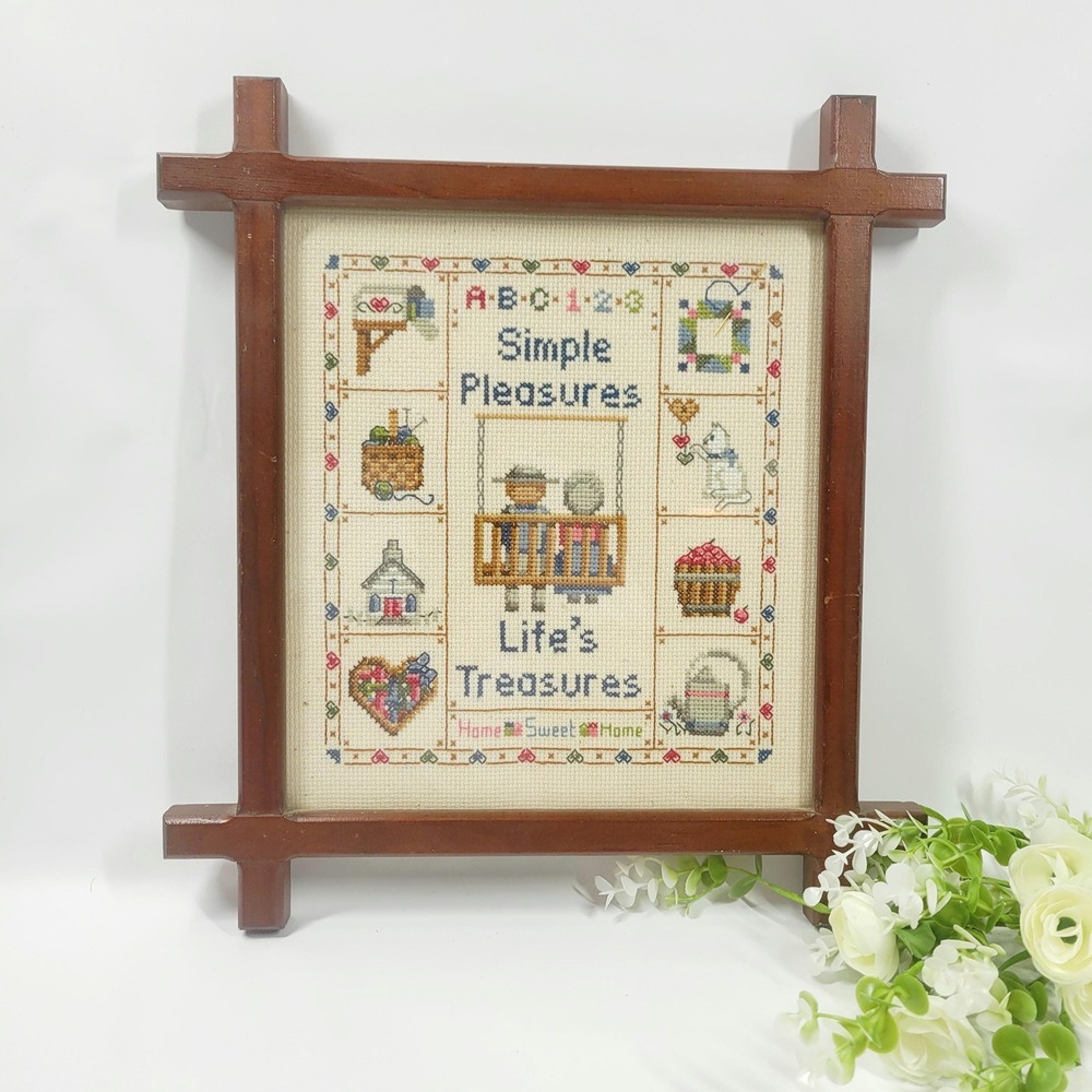 Vintage Rustic Framed Cross Stitch Sampler Simple Pleasures Lifes Treasures
